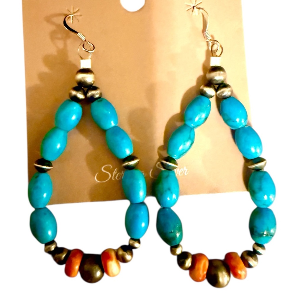 NATIVE MADE TURQUOISE SPINY OYSTER AND NAVAJO PEARLS DROP EARRINGS